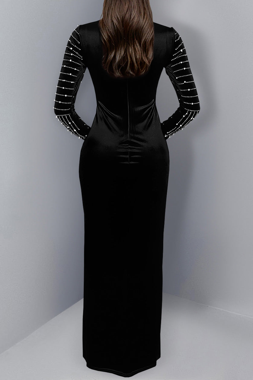 Velvet Rhinestone Long Sleeve Evening Dress Lavish Daily