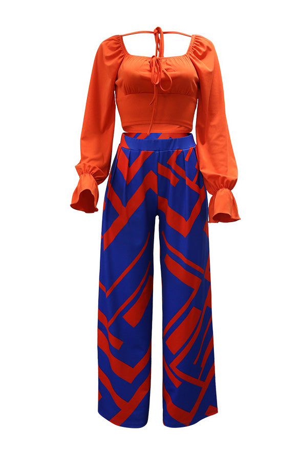Long Sleeve Top and Printed Wide Leg Pants Set Lavish Daily