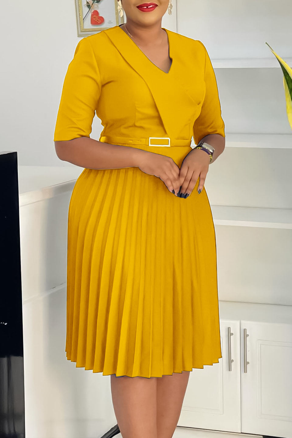 Solid Belted Pleated Dress Lavish Daily