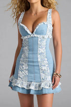 Denim Lace Trim Mini Dress Lavish Daily