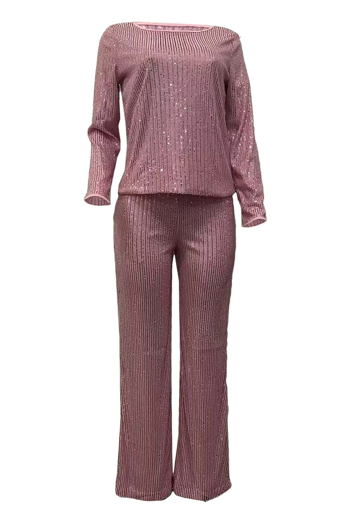 Sequin Round Neck Long Sleeve Top and Pants Set Lavish Daily