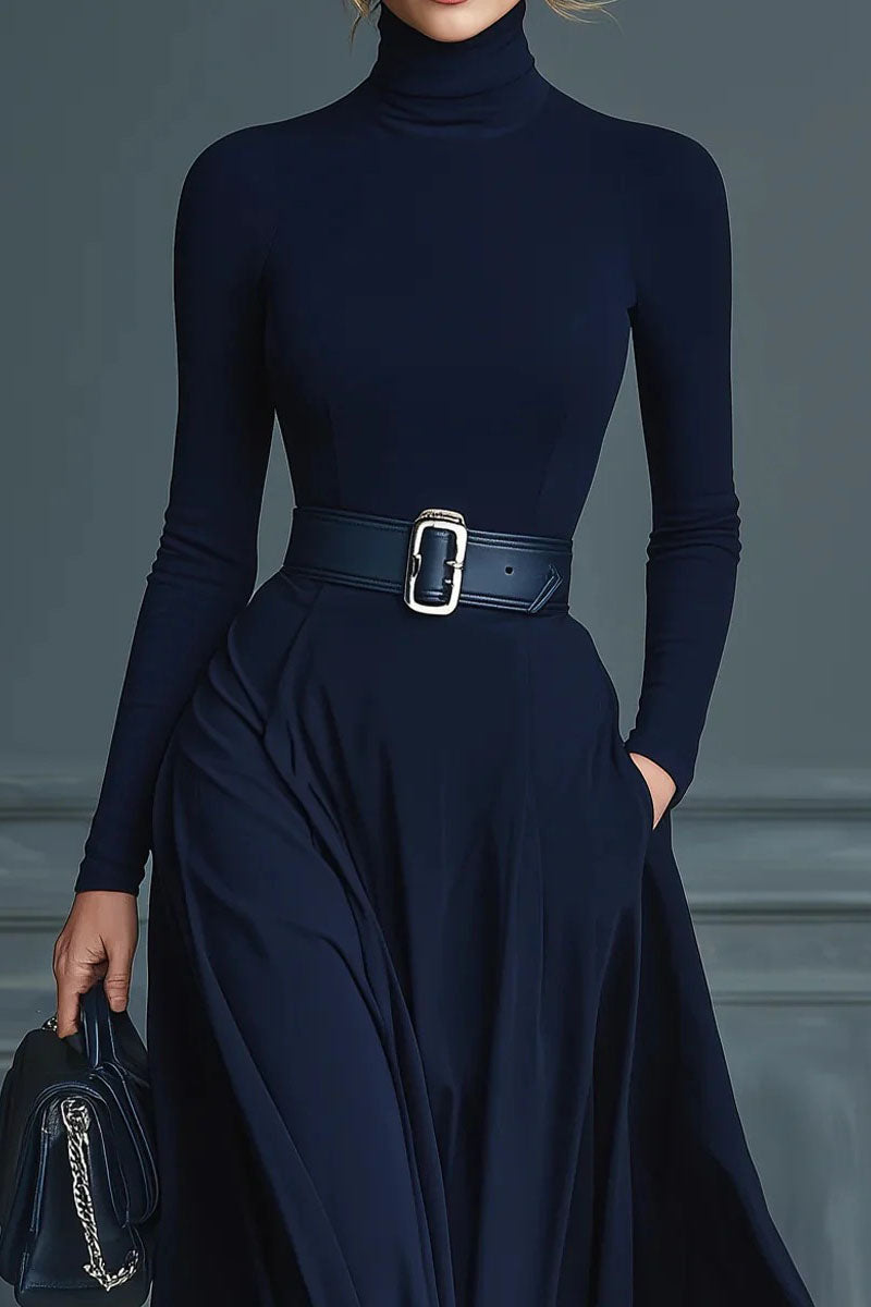Long Sleeve High Neck Waist Tie Maxi Dress Lavish Daily