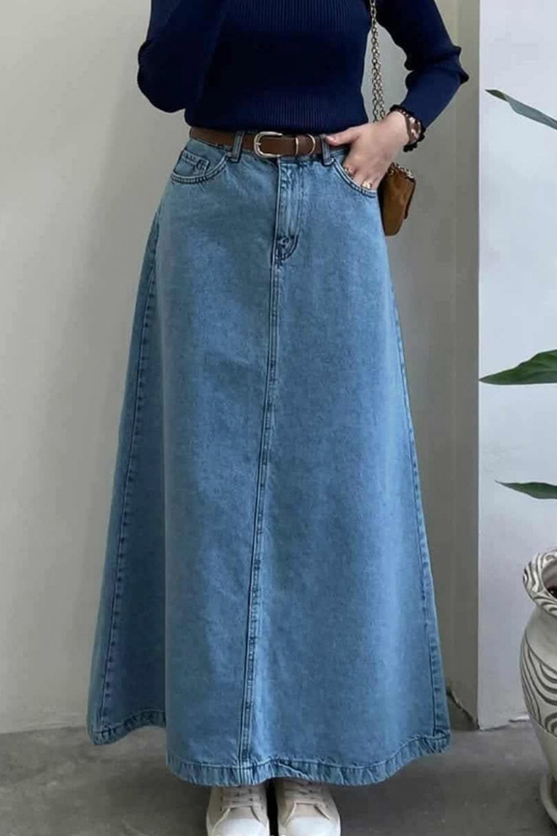 Classic A-Line Denim Maxi Skirt Lavish Daily