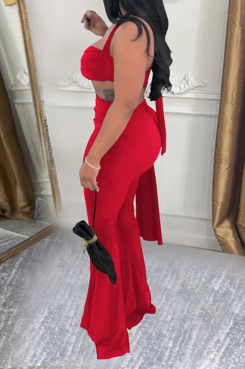 Twist-Front Halter Top & Drape Flare Pant Set Lavish Daily