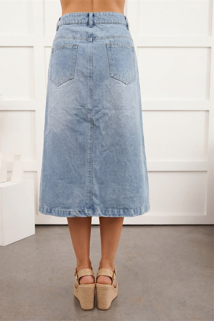 Button Front Cargo Denim Midi Skirt LavishDaily