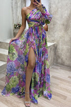 Lantern Sleeve One Shoulder Floral Slit Maxi Dress Lavish Daily