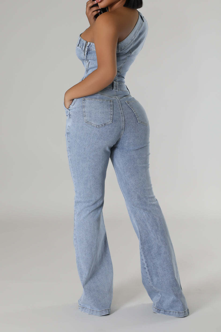 One Shoulder Denim Jumpsuit Lavish Daily