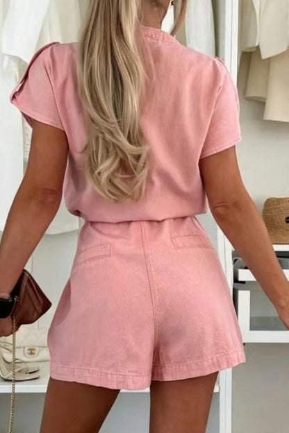 Cap Sleeve Drawstring Denim Utility Romper Lavish Daily