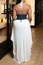Slim Fit Denim Patchwork Deep V Slit Dress Lavish Daily