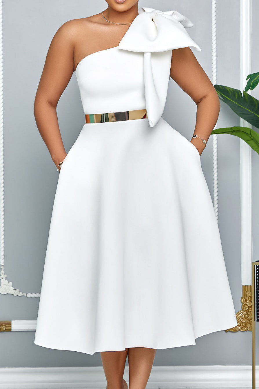 Single Shoulder Bow Detail Flare Midi Dress Lavish Daily