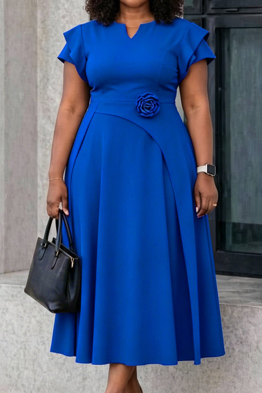 3D Floral Notched Neck A-Line Midi Dress Lavish Daily