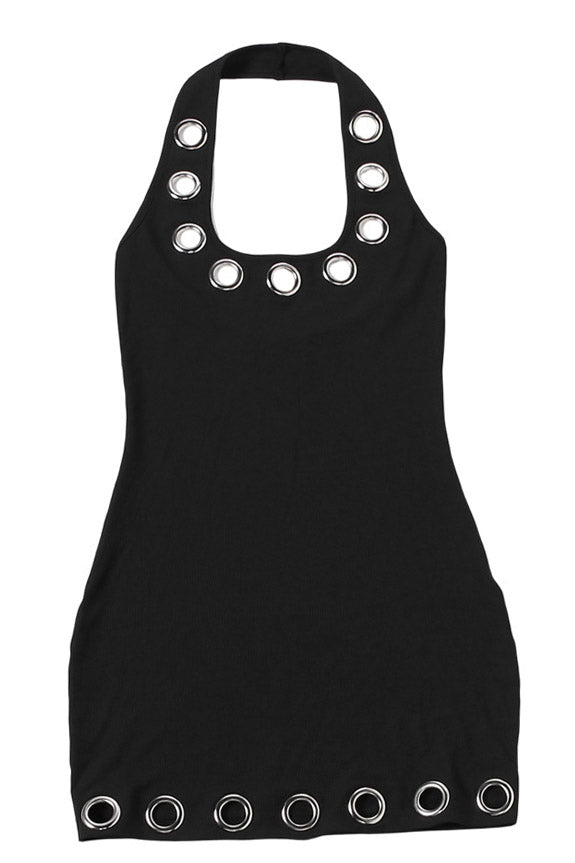 Eyelet Halter Backless Mini Dress Lavish Daily