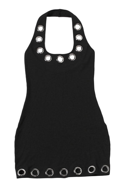 Eyelet Halter Backless Mini Dress Lavish Daily
