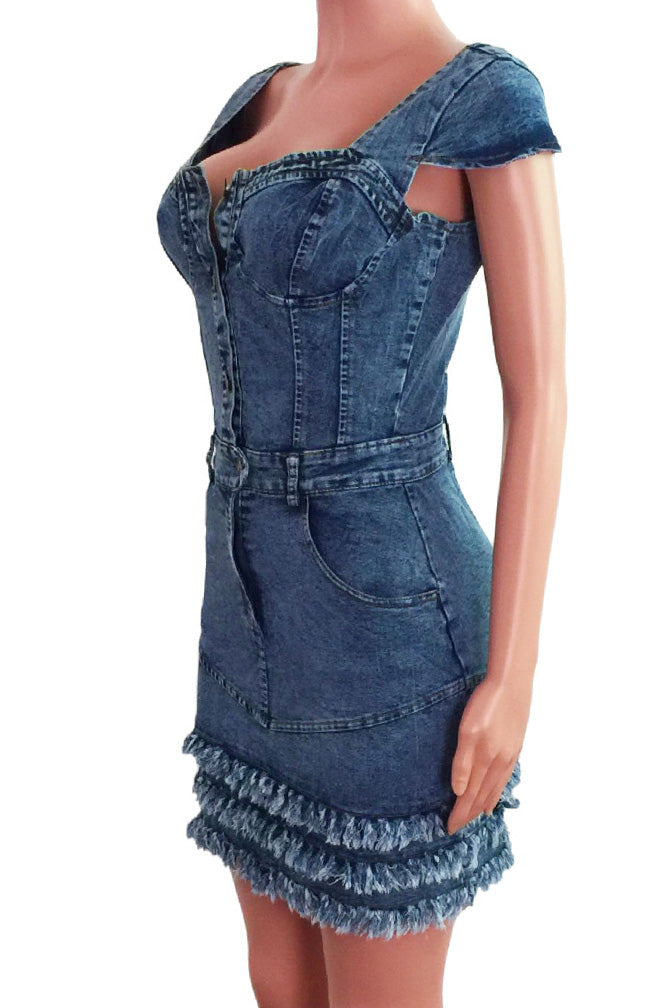 Ruffle Hem Bustier Denim Mini Dress Lavish Daily