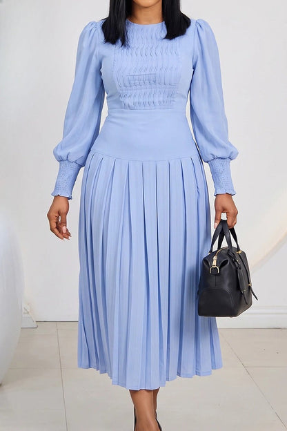Smocked Puff Sleeve Pleated Midi Dress Lavish Daily