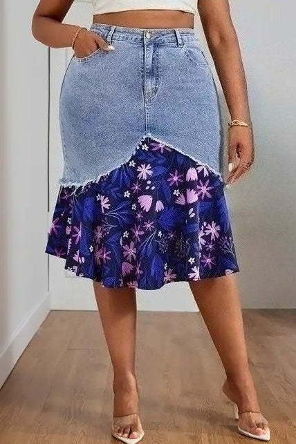 Plus Size Floral Patchwork Denim Skirt Lavish Daily