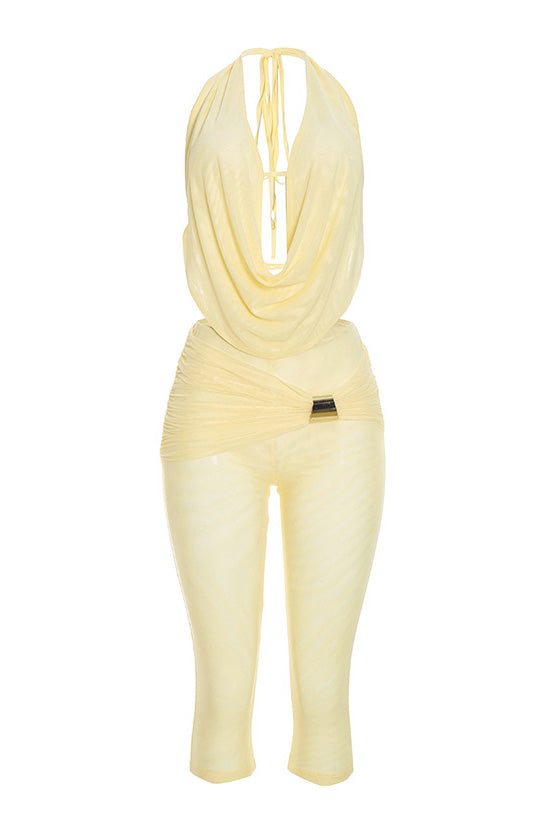 Draped Halter & Sheer Mesh Capri Set Lavish Daily