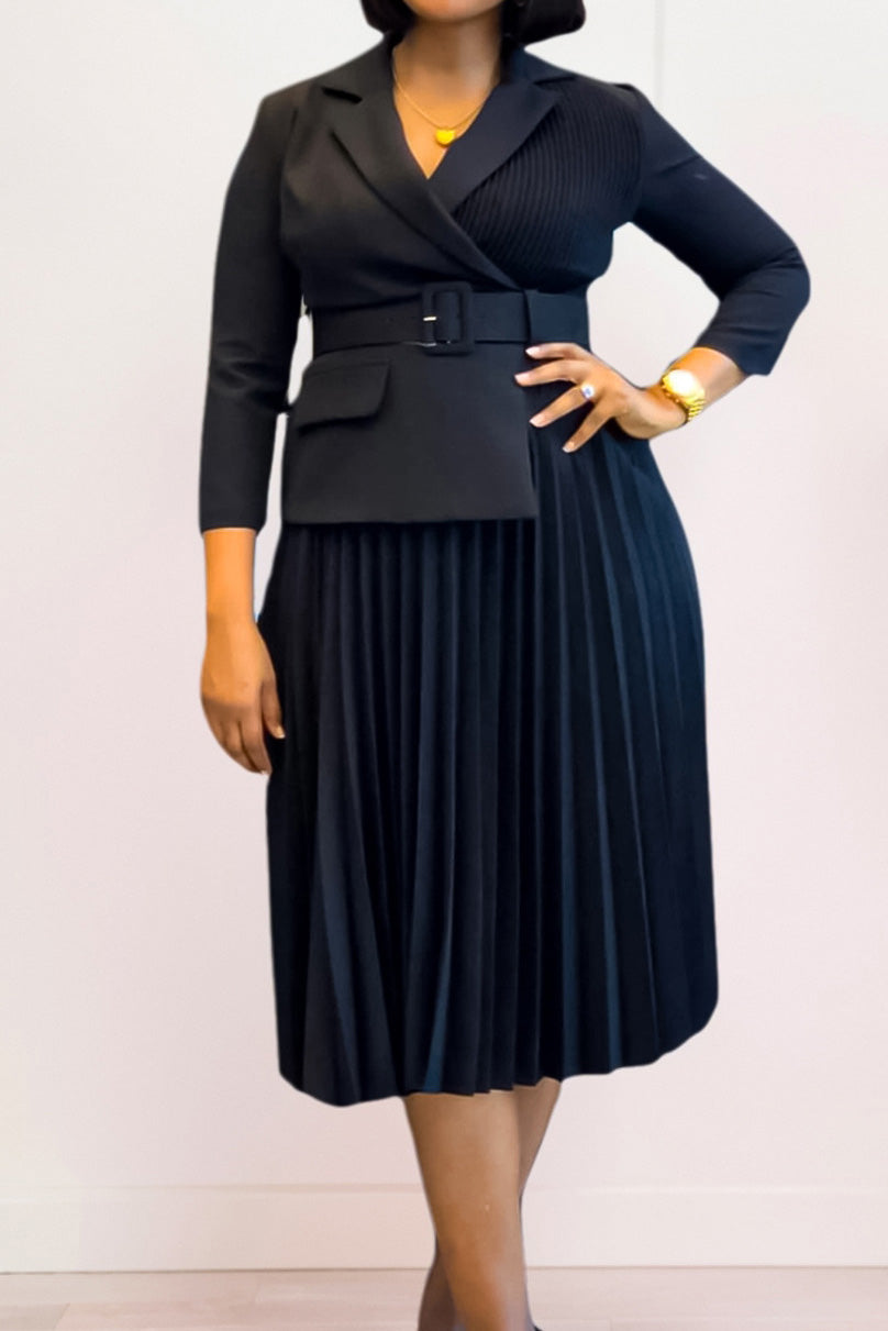 Elegant Blazer Collar Pleated Dress Lavish Daily