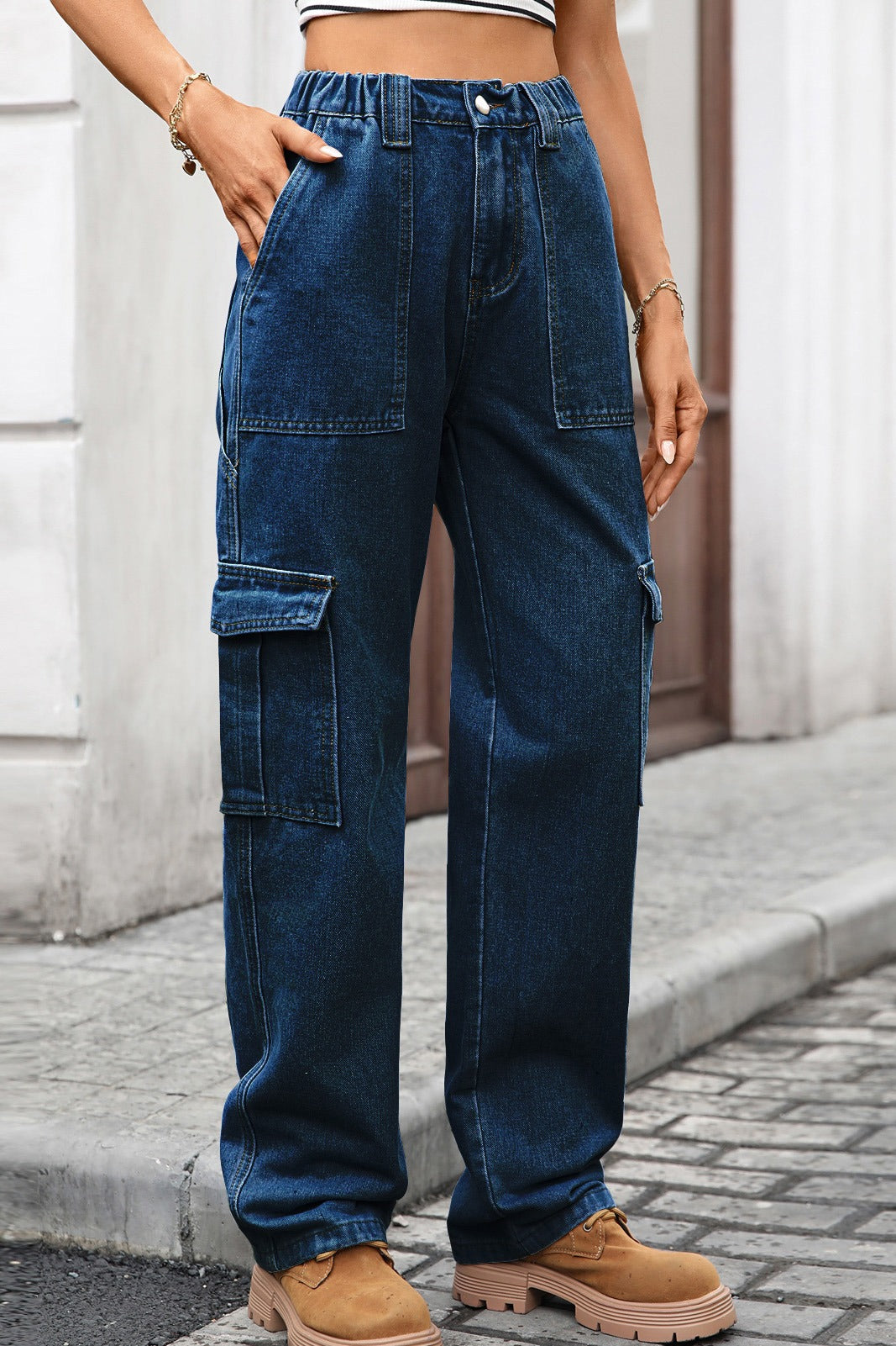 High Waist Elastic Baggy Cargo Jeans LavishDaily