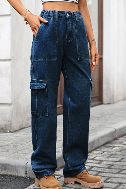 High Waist Elastic Baggy Cargo Jeans LavishDaily