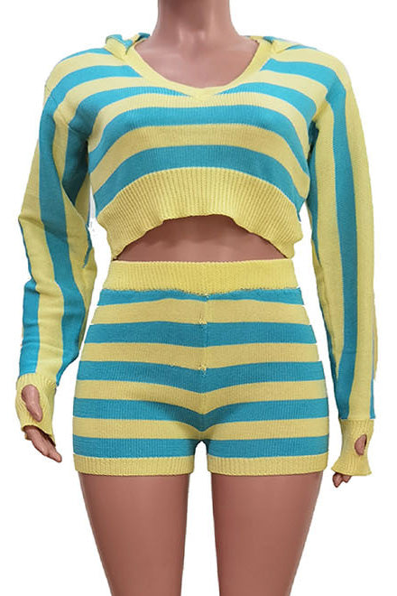 Striped Knit Hoodie Shorts Set Lavish Daily