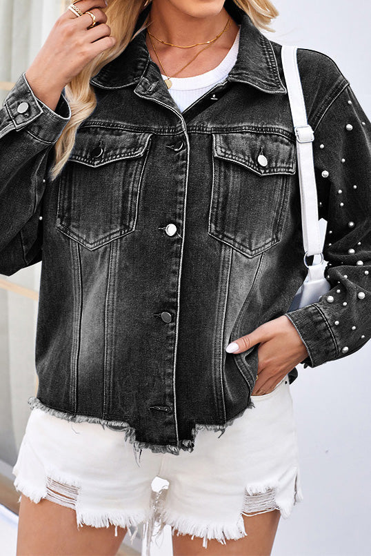 Pearl Trim Raw Hem Denim Jacket Lavish Daily