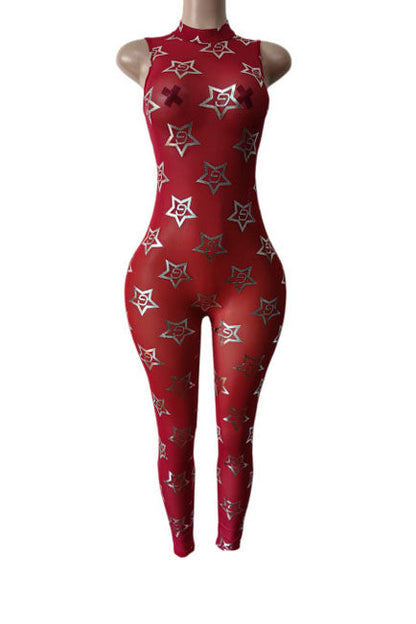 Metallic Star Print Mesh Jumpsuit Lavish Daily