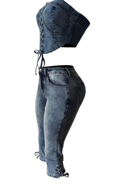 Denim Corset Top Lace-Up & Mid-Thigh Shorts Set Lavish Daily