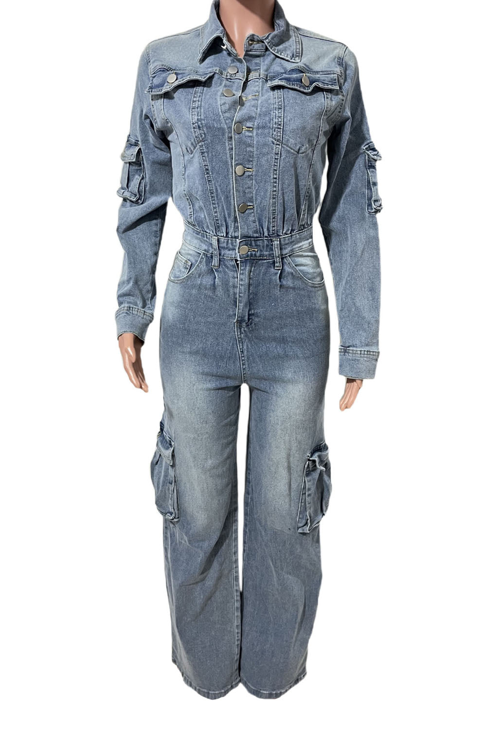 Washed Denim Utility Wide Leg Jumpsuit Lavish Daily