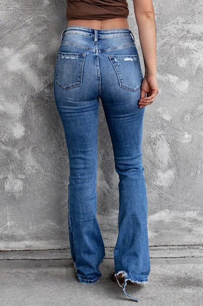 High Waist Distressed Raw Hem Flare Jeans Lavish Daily