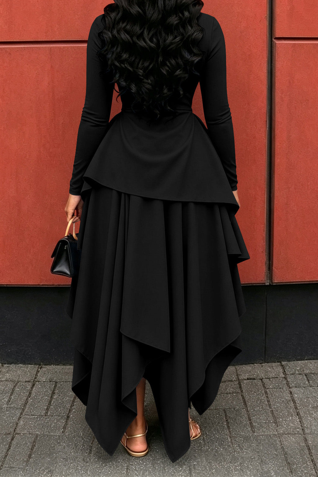 Long-Sleeve Ruffle Hem High-Low Dress Lavish Daily