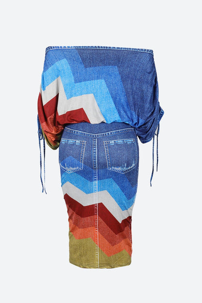 Chevron Denim Effect Skirt Set Lavish Daily