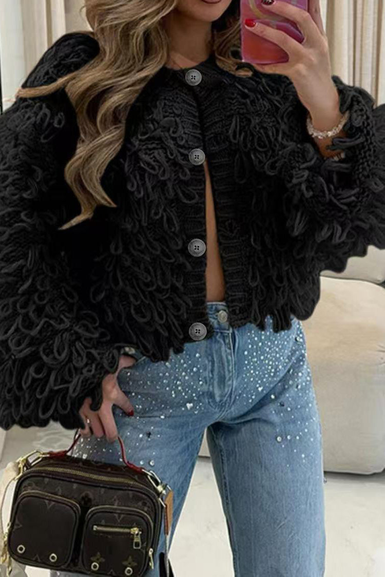Fringe Button-Up Knitted Cardigan Jacket Lavish Daily