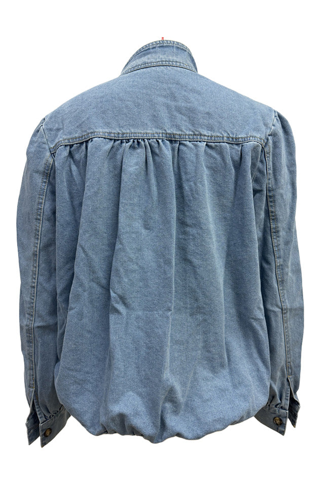 Puff-Sleeve Stand-Collar Denim Jacket Lavish Daily
