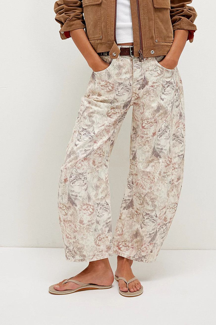 Vintage Cat Print Relaxed Barrel Leg Jeans Lavish Daily
