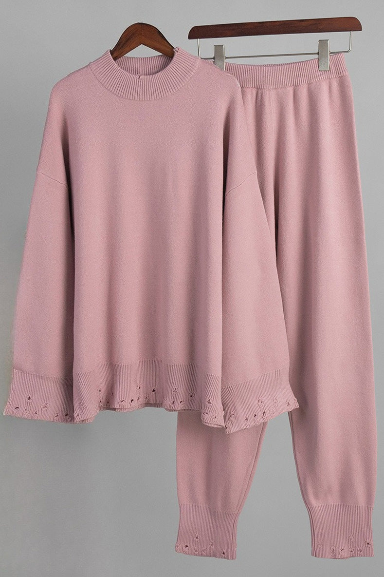 Distressed Knit Pants & Crew Neck Sweater Set Lavish Daily