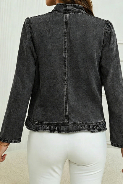 Cascading Ruffle Open Front Denim Jacket Lavish Daily
