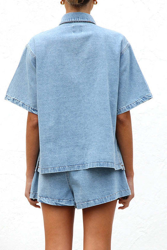 Loose Pocket Denim Shirt & Shorts Set Lavish Daily