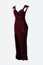 Burgundy Sequin Corset Slit Sweep Dress Lavish Daily