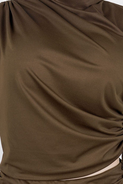 Ruched Mock Neck & Flare Pant Set Lavish Daily
