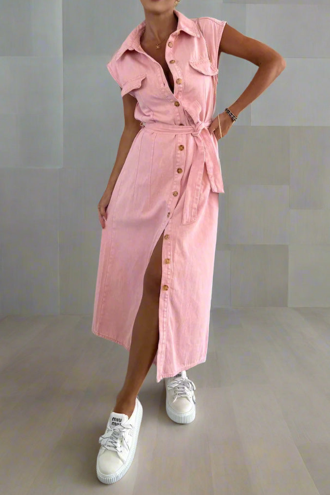 Sleeveless Denim Shirt Dress Lavish Daily