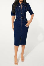 Stretch Buttoned Denim Bodycon Midi Dress Lavish Daily