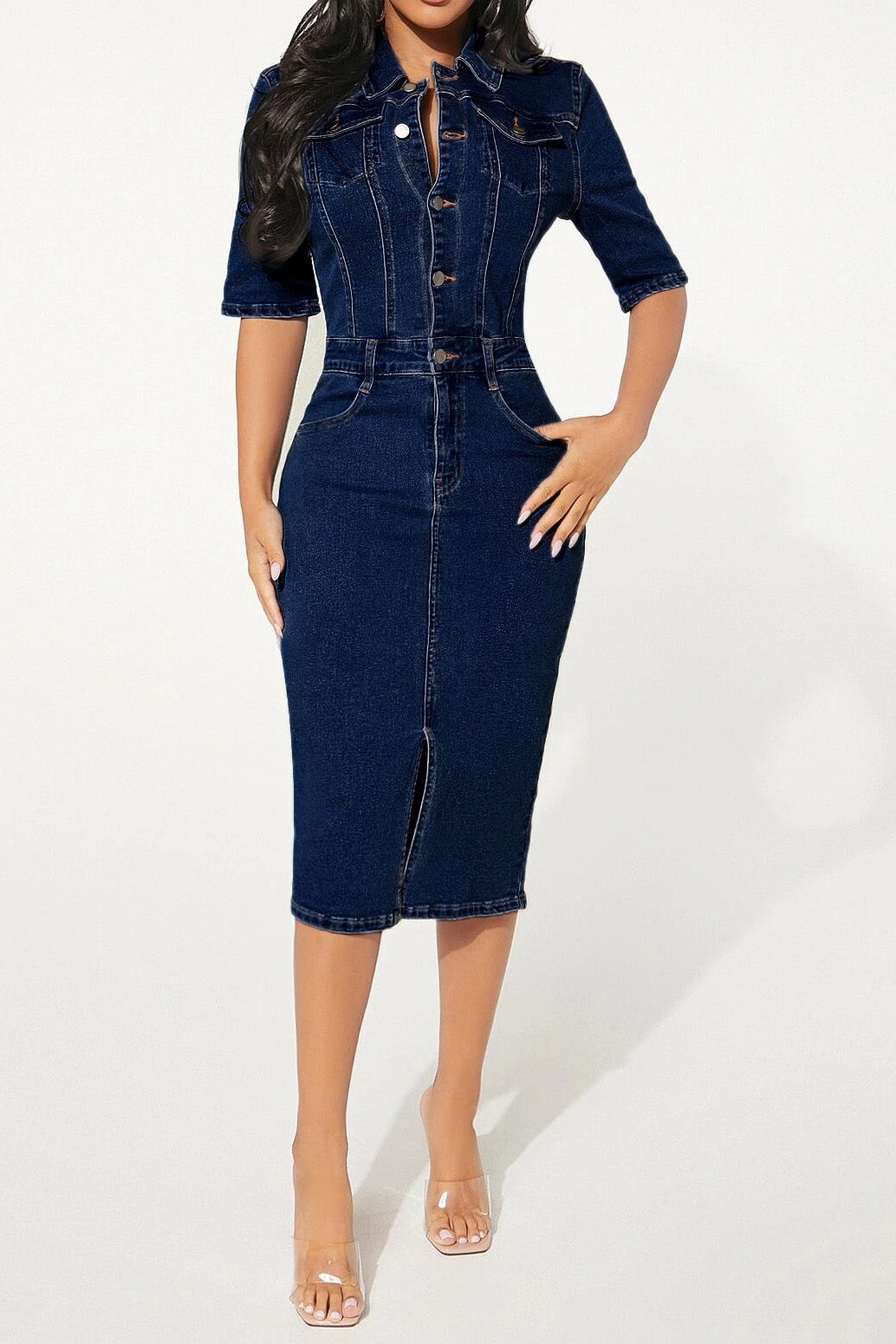 Stretch Buttoned Denim Bodycon Midi Dress Lavish Daily