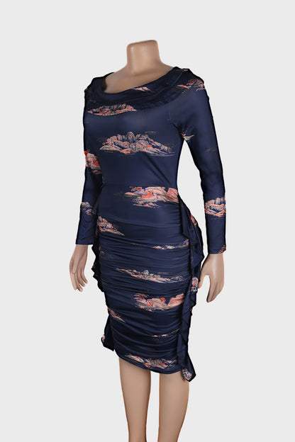 Printed Long Sleeve Ruched Bodycon Dresses Lavish Daily