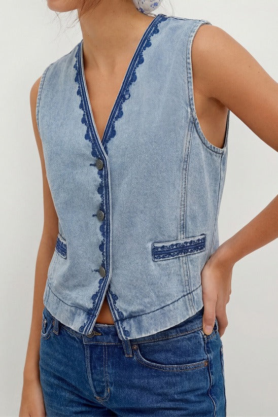 Embroidered Boho V-Neck Denim Vest LavishDaily