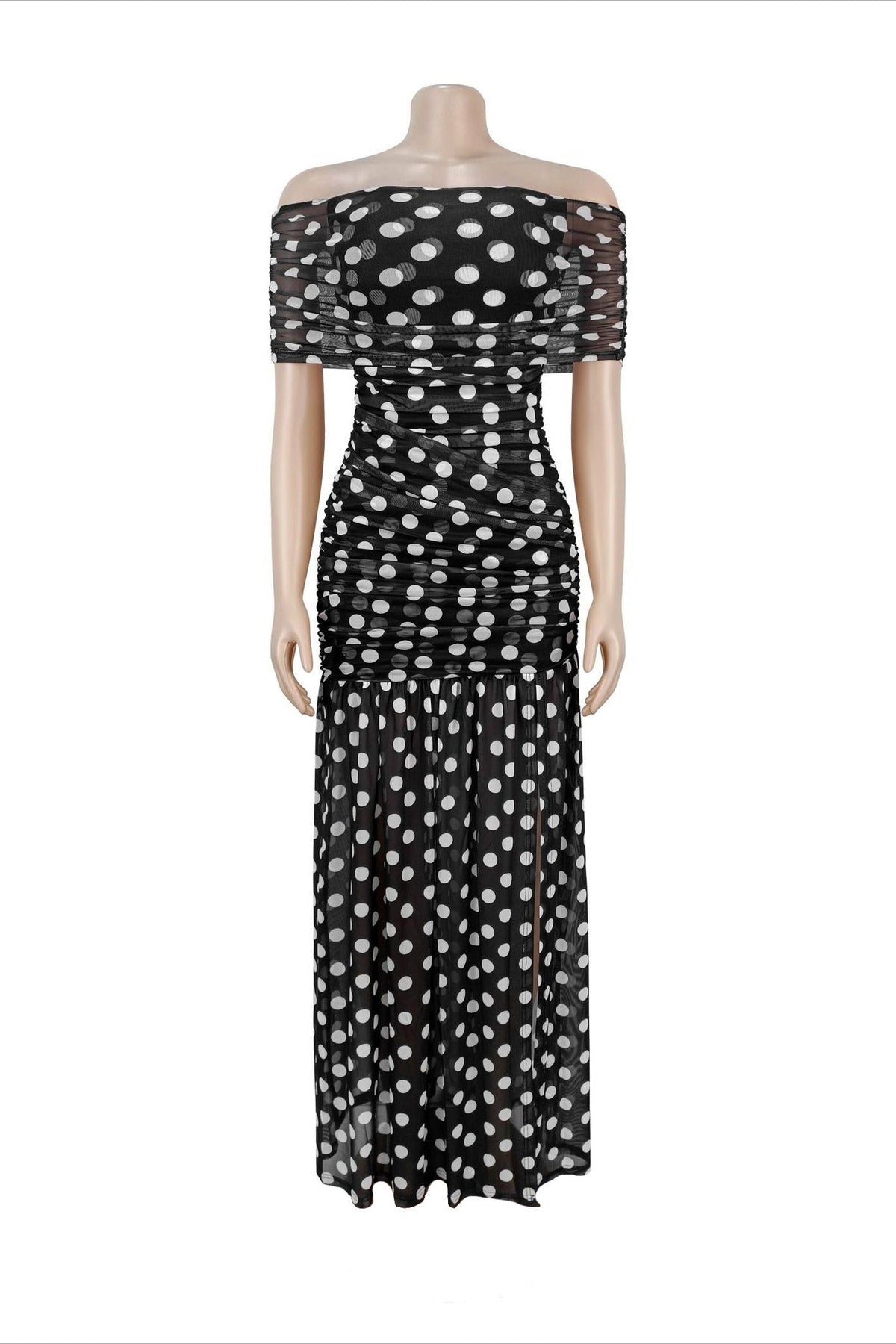 Off-Shoulder Polka Dot Ruched Maxi Dress Lavish Daily
