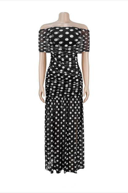Off-Shoulder Polka Dot Ruched Maxi Dress Lavish Daily