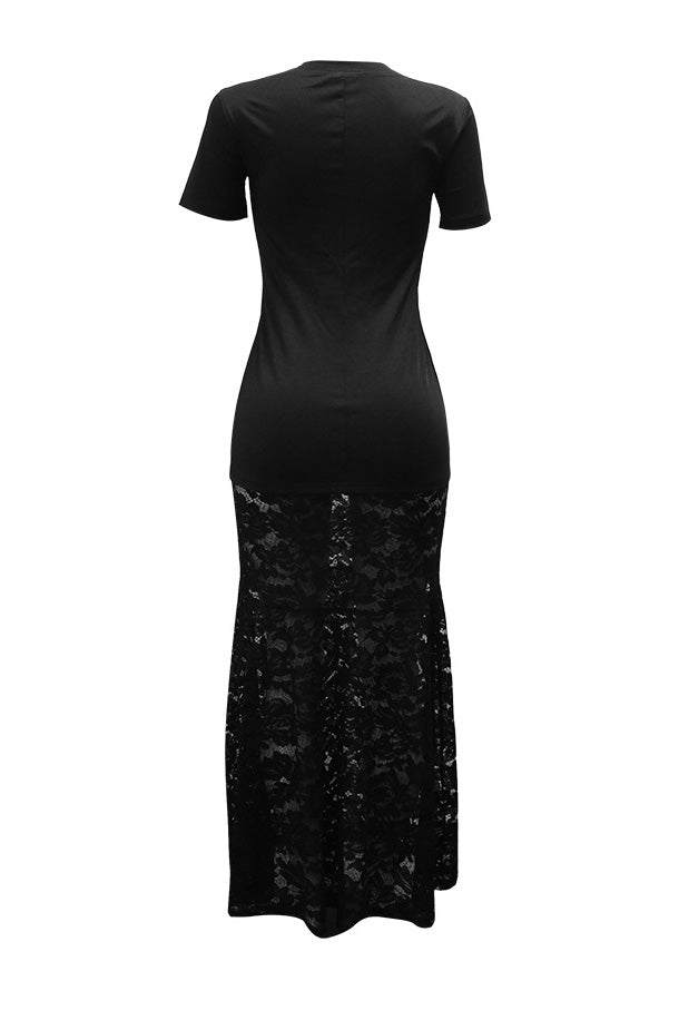 Round Neck Printed Lace Splice Maxi Dress Lavish Daily