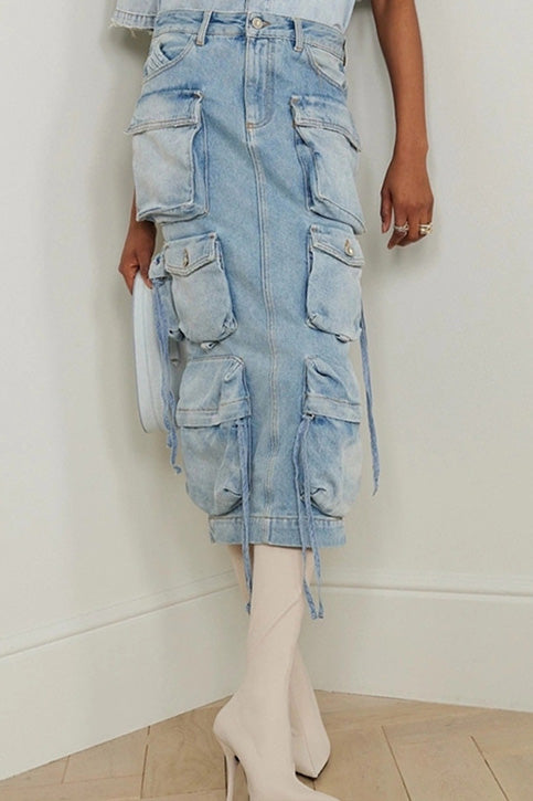 Blue Pocket Denim Midi Skirt Lavish Daily