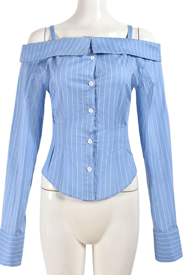 Striped Shoulder Button Down Shirt Lavish Daily